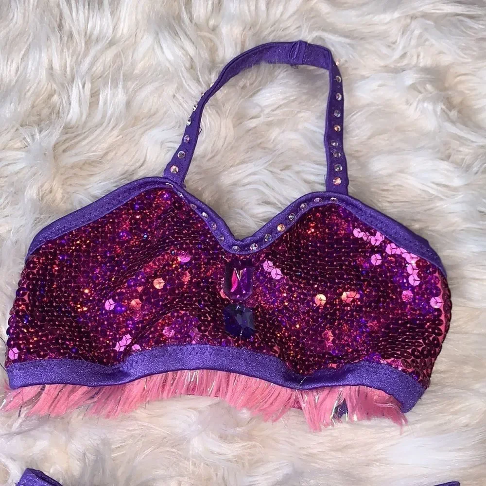 Purple and Pink two piece dance costume with Swarovski Crystals and sequins.